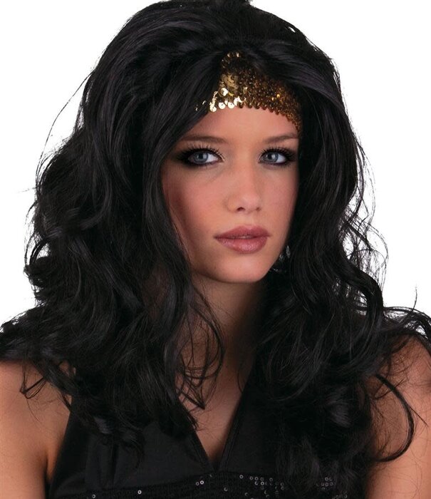 perruque cheveux longs avec bandeau pailleté noir
