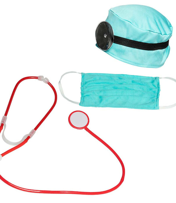 set dokter (kapje, hoofdband met frontale reflector, mondkapje en stethoscoop)