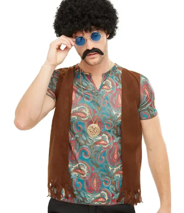 Hippie kit (pruik, zonnebril, snor en ketting)