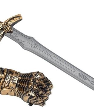 Ensemble d'armes médiévales : épée avec gantelet en bronze pour enfant