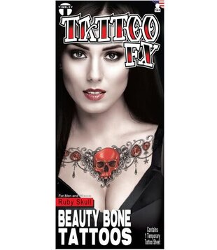 Tattoo FX sleutelbeen Ruby Skull / doodshoofd robijnen