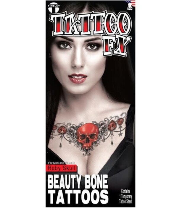 Tattoo FX sleutelbeen Ruby Skull / doodshoofd robijnen