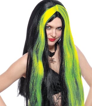 pruik heks zwart met groene lok
