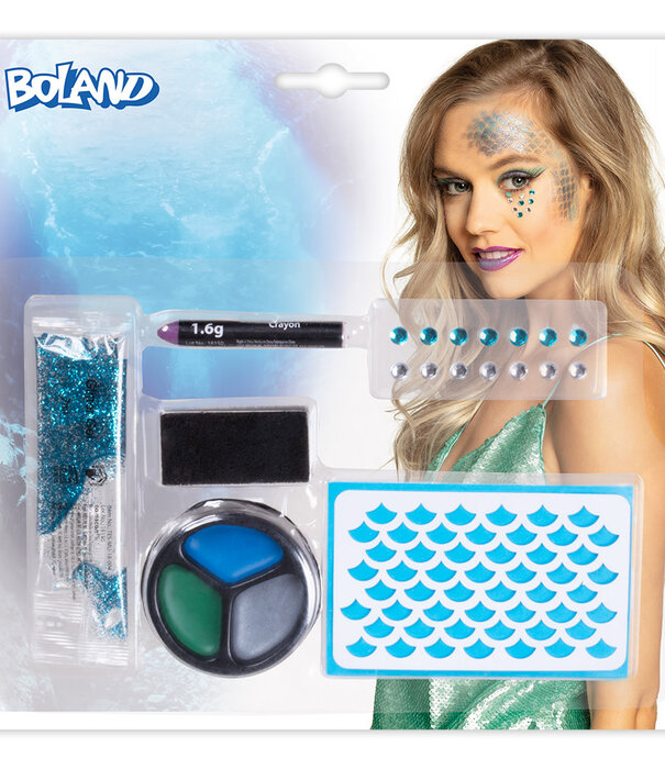 Kit de maquillage sirène (modèle, feuille d'autocollants avec 14 pierres précieuses, peinture grasse, gel pailleté et éponge)