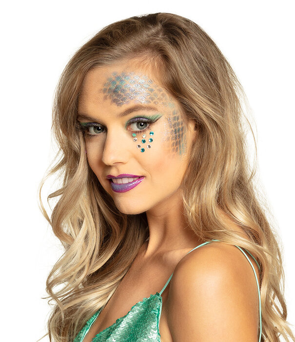 Mermaid Make-up kit (template, sticker sheet with 14 gemstones, grease paint, glitter gel and sponge)