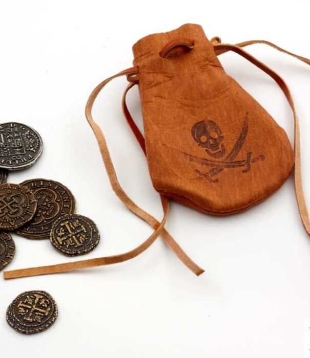 Ceinture porte-monnaie en cuir pirate avec tête de mort et pièces (denix)
