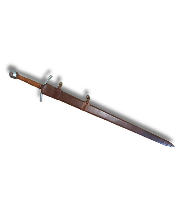 Grande épée médiévale forgée à deux mains – acier et cuir