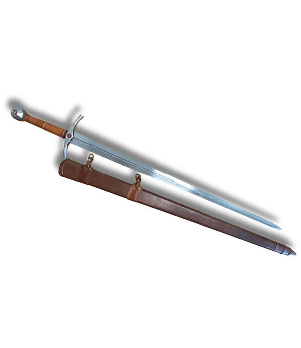 Gesmeed middeleeuws tweehandig grootzwaard – staal en leer