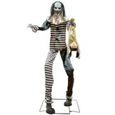 Clown sinistre de 240 cm avec mouvements, lumières et sons, et adaptateur inclus.