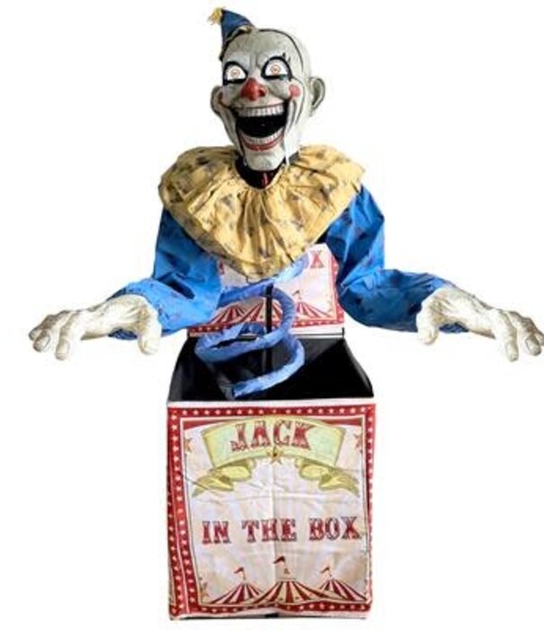 Jack in the box clown 180 cm beweging, licht en geluid met adapter