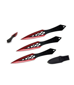 LOT DE 3 KUNAIS À LAME ROUGE DE 10 CM DANS UN SAC DE RANGEMENT (couteaux de lancer)