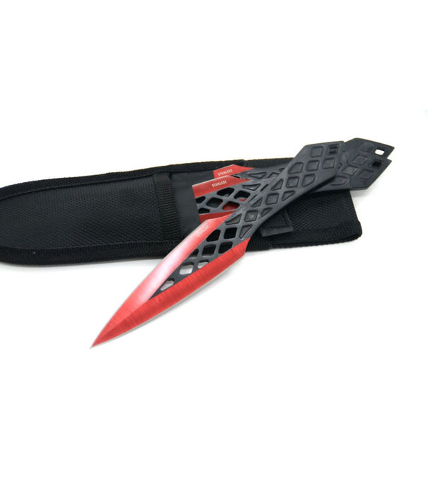 Denix LOT DE 3 KUNAIS À LAME ROUGE DE 10 CM DANS UN SAC DE RANGEMENT (couteaux de lancer)