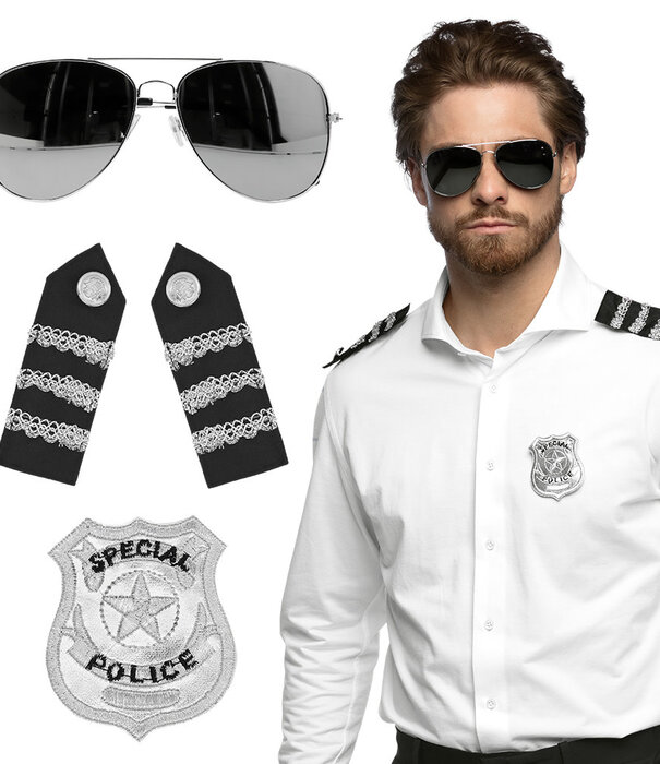 Set Politieagent (partybril, badge en schouderstukken)