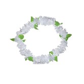 White Hawaiian lei with green leaves