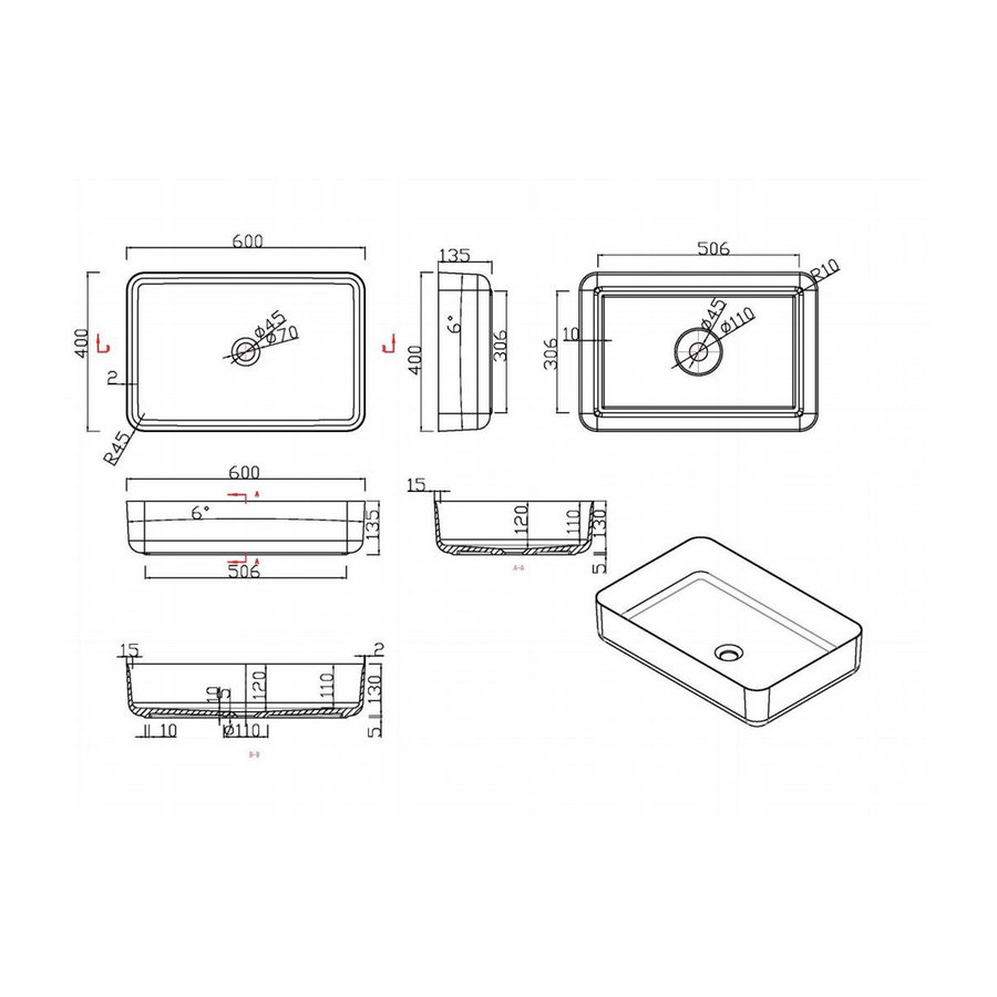 Waskom Opbouw Rechthoekig Luca Sanitair 60x40x13,5 cm Solid Surface Mat Wit