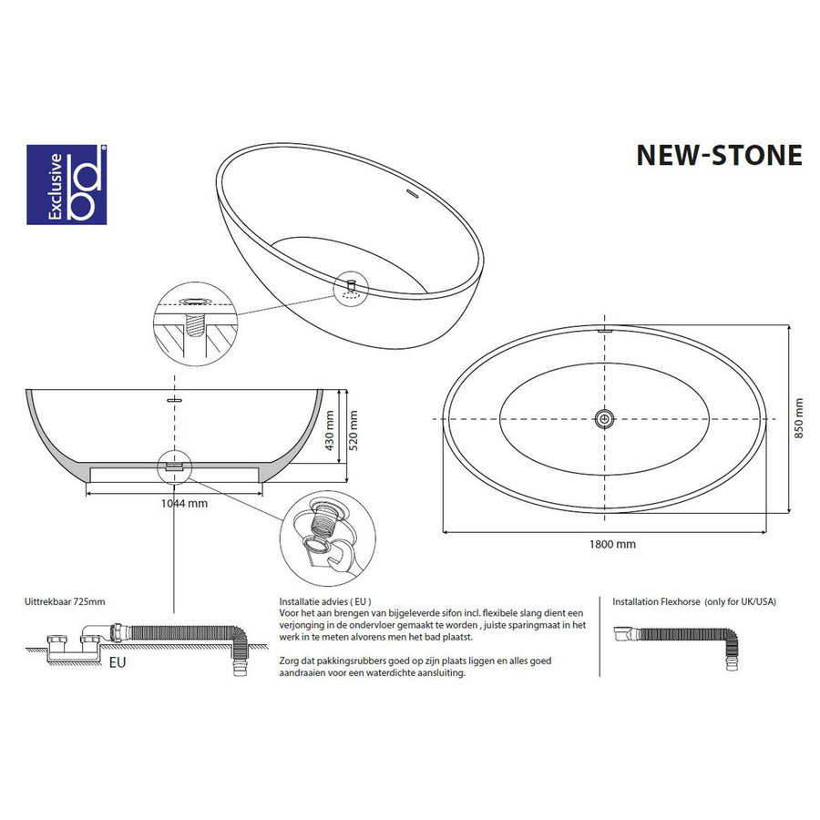 Vrijstaand Bad Best Design Solid Surface 180 x 85 cm Bicolor Mat Zwart/Wit