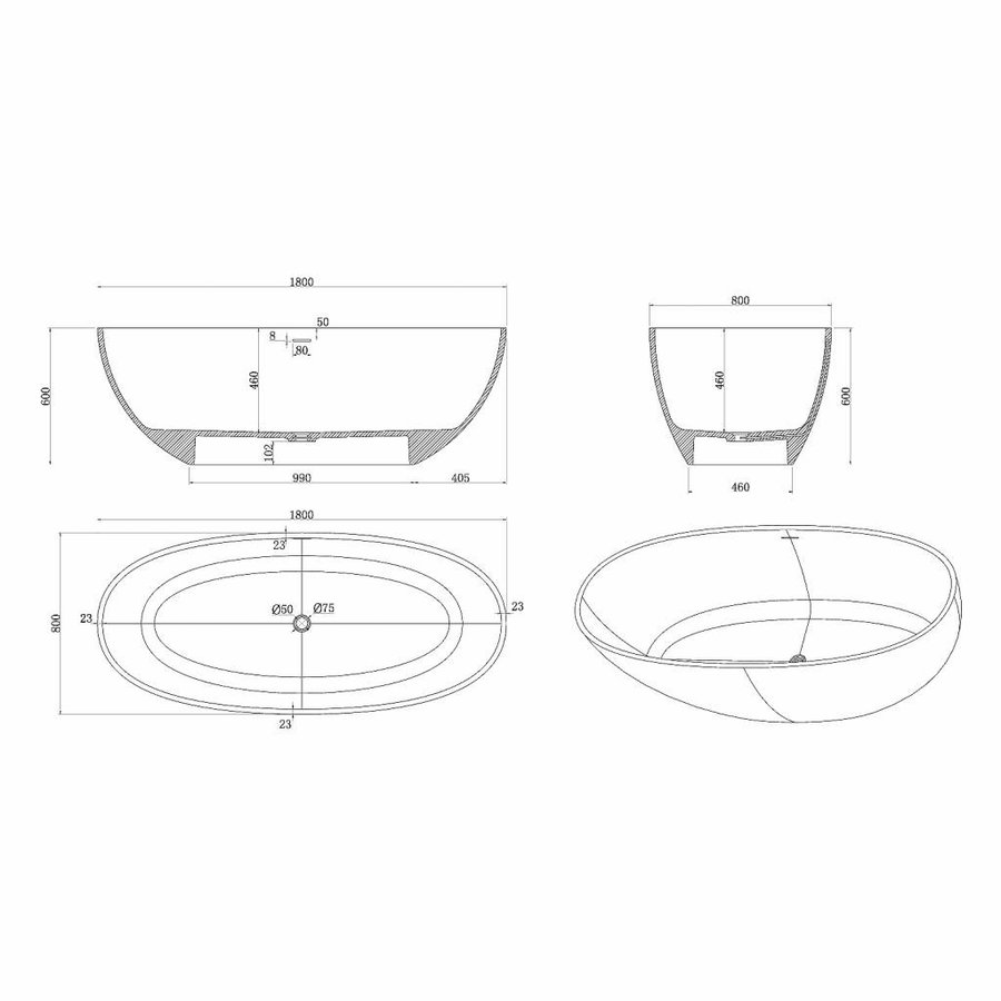 Vrijstaand Bad Luca Sanitair Vasca 180x80x60cm Solid Surface Antraciet