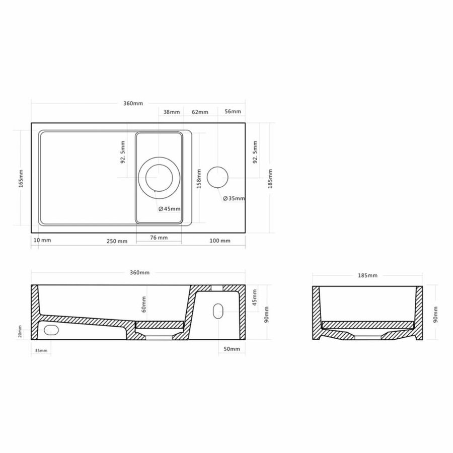 Fonteinset Differnz Rechts 36x18.5x9 cm Solid Surface Mat Wit (inclusief mat verchroomde kraan sifon en afvoer)