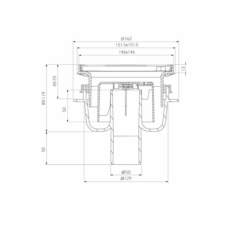 Doucheput Aquaberg ABS Vloerput ABS Opzetstuk RVS Rooster Onderuitlaat 50mm Verstelbaar 146x146mm PPC Reukafsluiter