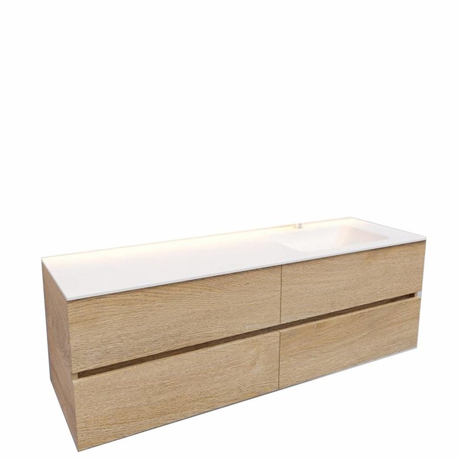 Badkamermeubel Solid Surface AQS Oslo 150x46 cm Rechts Wood Washed Oak 4 Laden (1 kraangat)