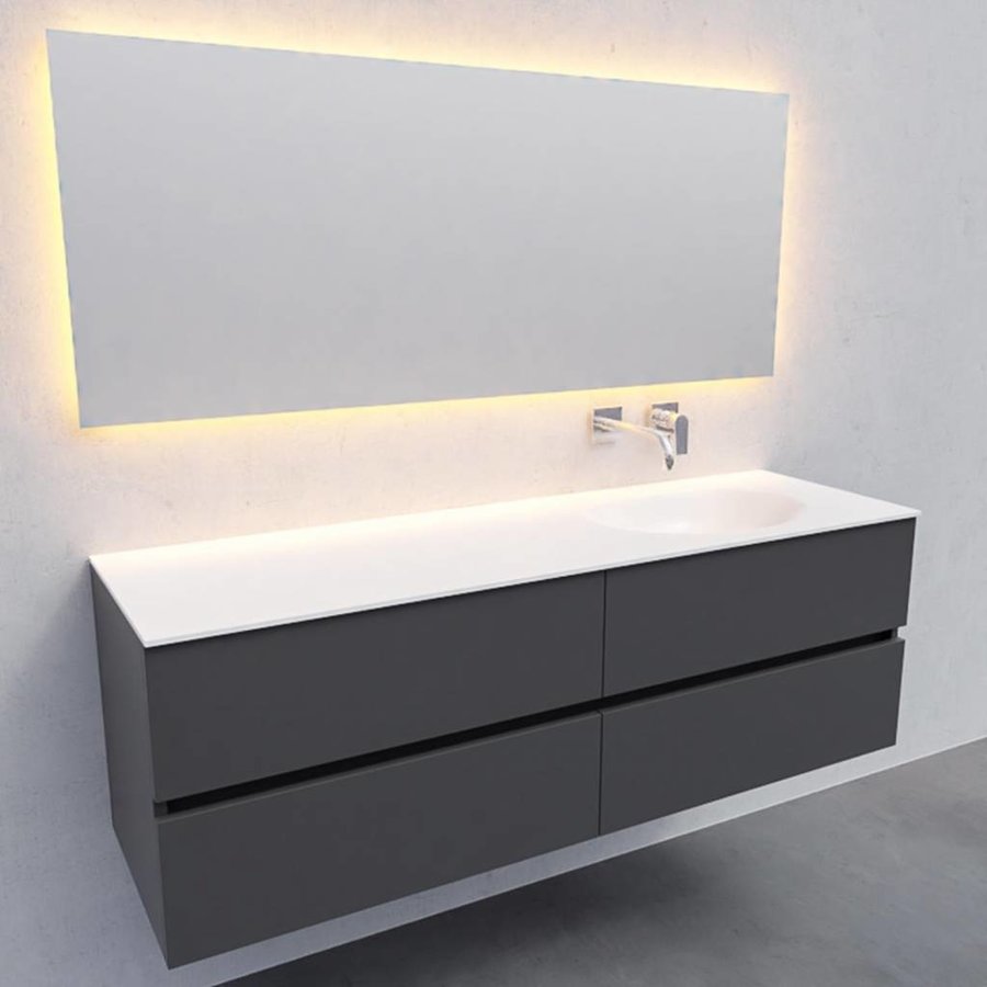 Badkamermeubel Solid Surface AQS Stockholm 150x46 cm Rechts Mat Antraciet 4 Laden (zonder kraangaten)