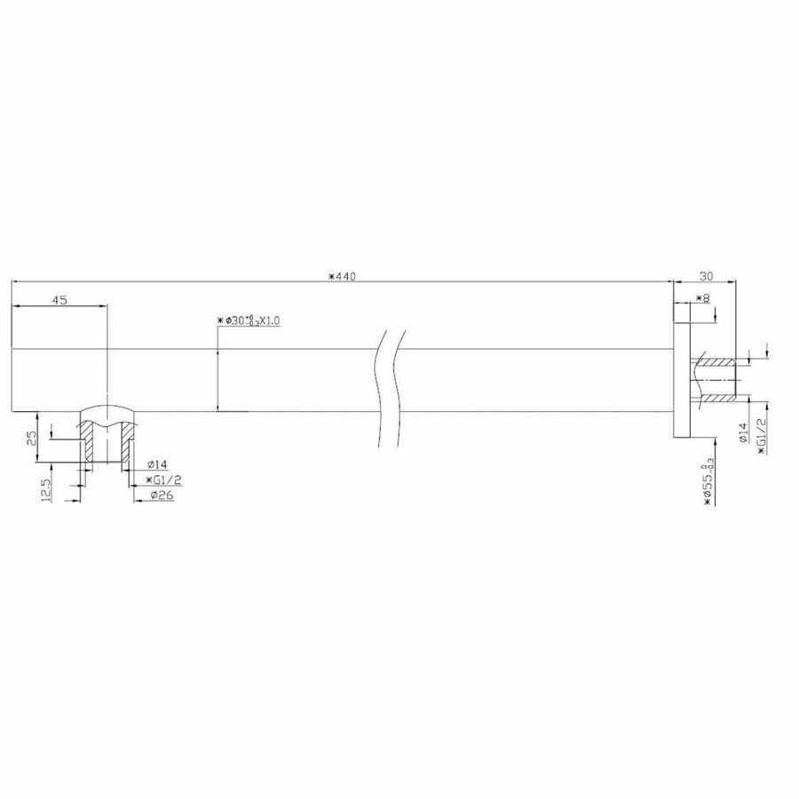 AQS Douchearm Rond Muurbevestiging 45cm Mat Zwart