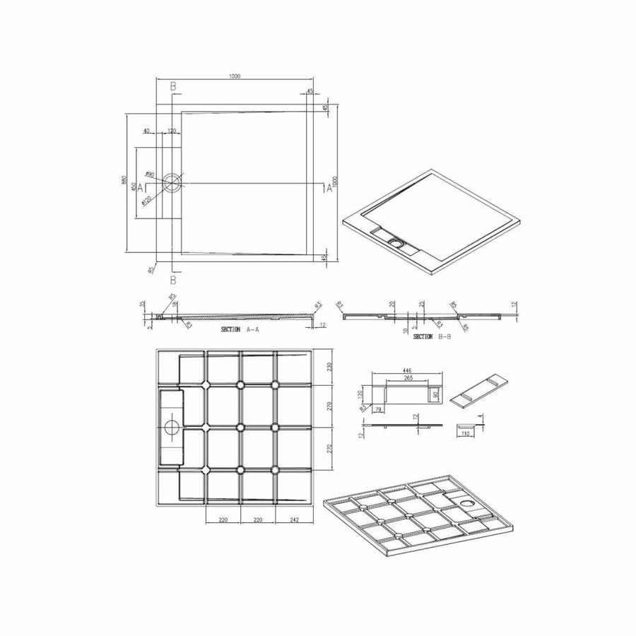 Douchebak Best Design Decent 100x100x3.5cm Solid Surface Mat Zwart