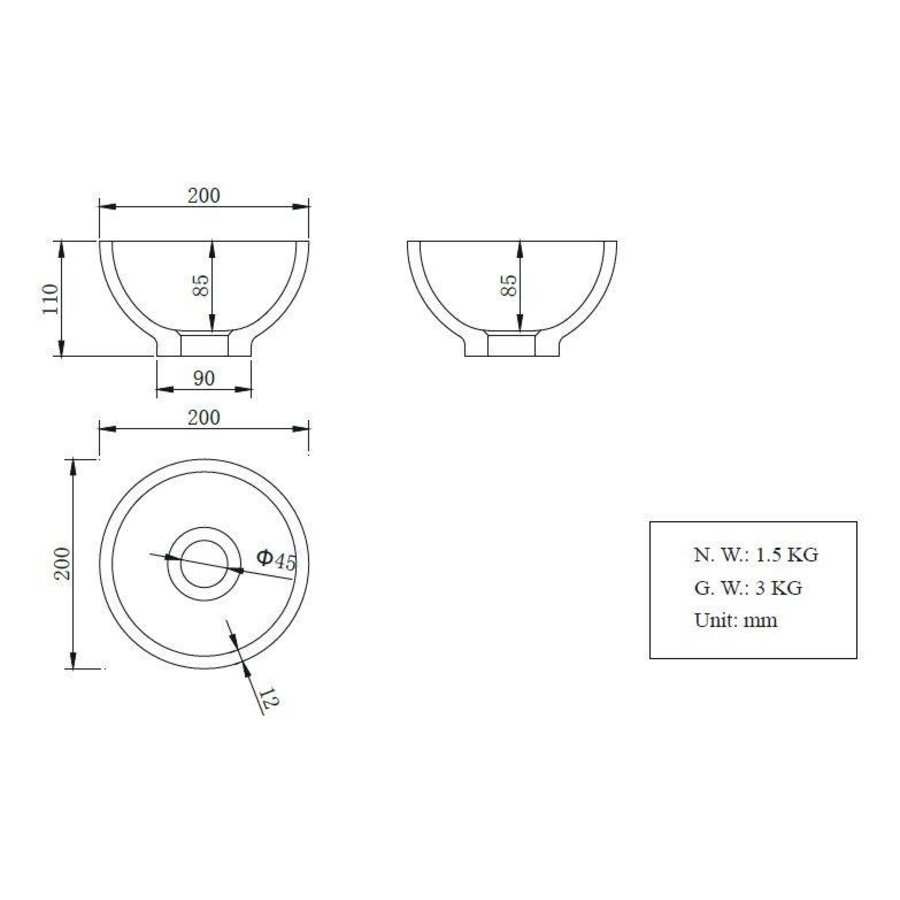 Solid Surface opzetfontein rond 200x200x110