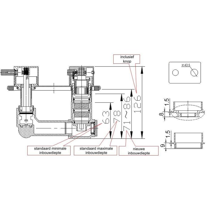 Wiesbaden 8mm verlengset chroom tbv 2-knops douchetherm.