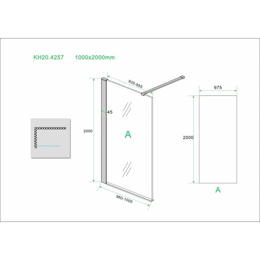 Wiesbaden inloopdouche + Safety Glass + ZWART muurprofiel 1000x2000 10mm NANO