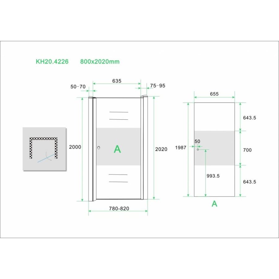 Wiesbaden nisdeur -R- met profiel 800x2000 8mm NANO ged.matglas