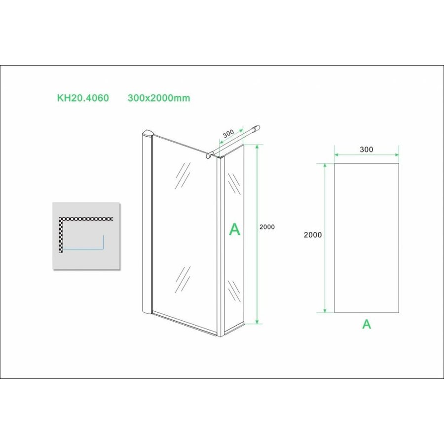 Wiesbaden eco zijwand met hoekprofiel 300x2000, 8 mm Nano