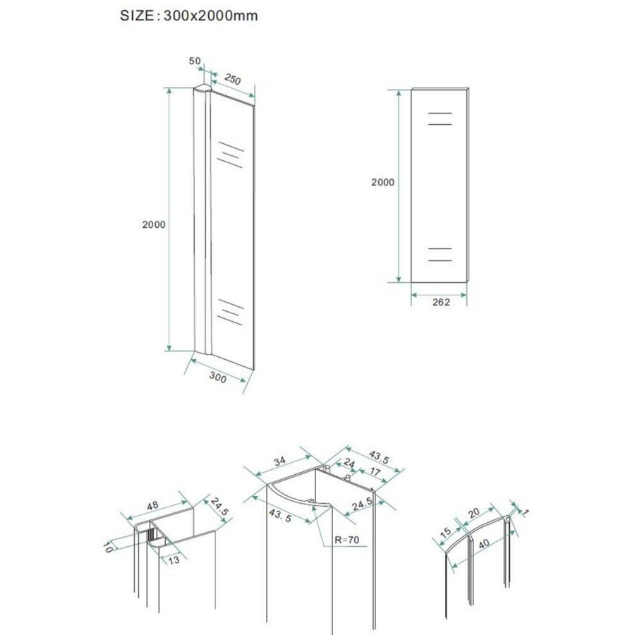 Wiesbaden zijwand + muurprofiel 300x2000 10mm NANO glas