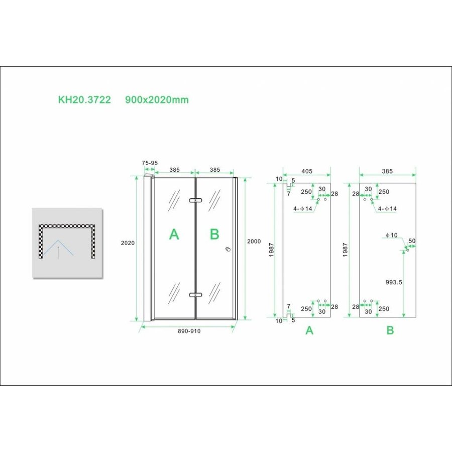 Wiesbaden vouwbare nisdeur 900x2020 links 8mm NANO glas