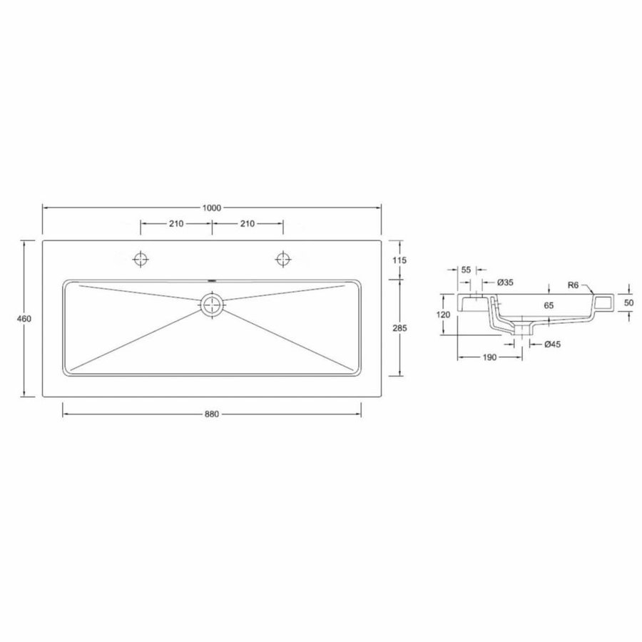 Wastafel Keramiek 60, 80,100,120 Cm (0,1 Of 2 Kraangaten)