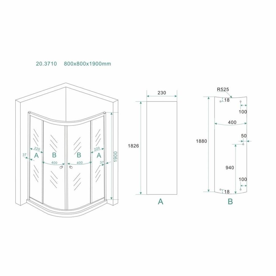 Douchecabine Aktie Kwartrond 80X80X190 Cm 5Mm Helder Glas