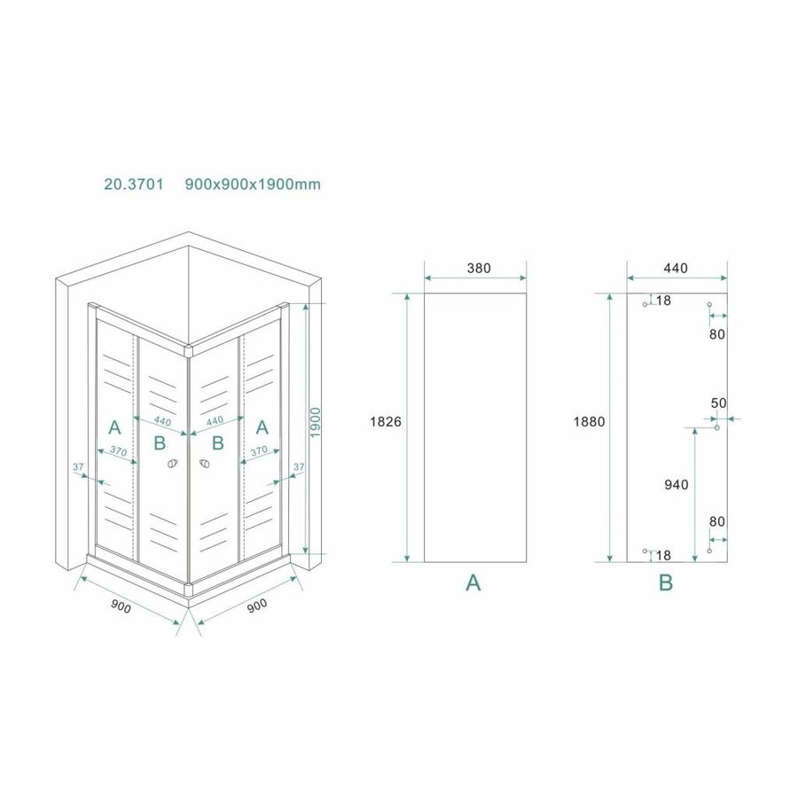 Douchecabine Aktie Hoekinstap 90X90X190 Cm 5Mm Helder Glas