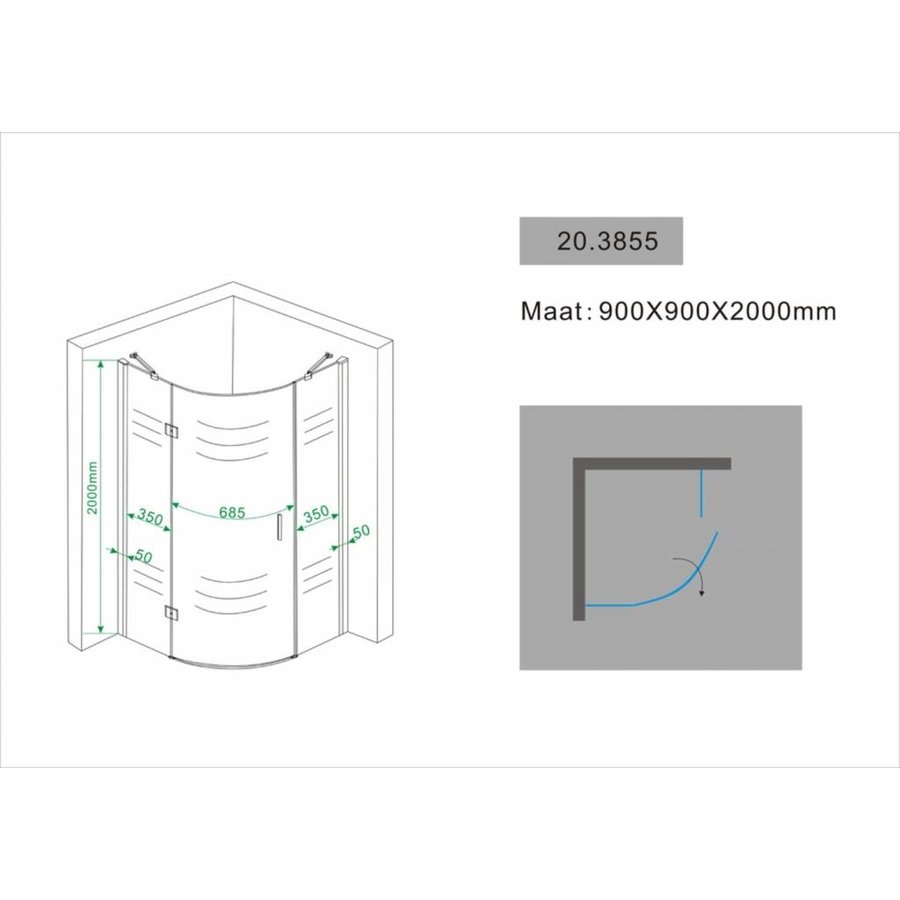 1/4 R.Douchecabine Ls 900X900X2000 Chroom 8Mm Nano