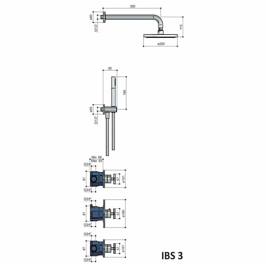 Thermostatische Inbouw Douche Set Chap Met 2 Stopkranen Ibs 3