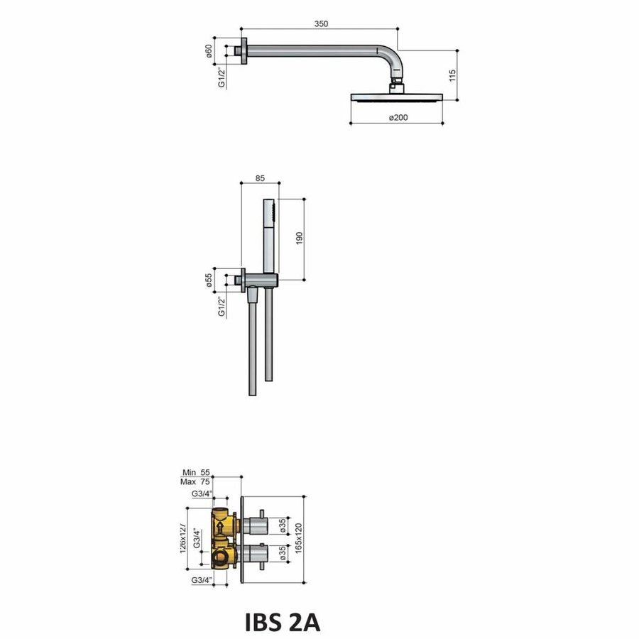 Thermostatische Inbouw Douche Set Laddy Met 2-Weg-Stop-Omstel Ibs 2A