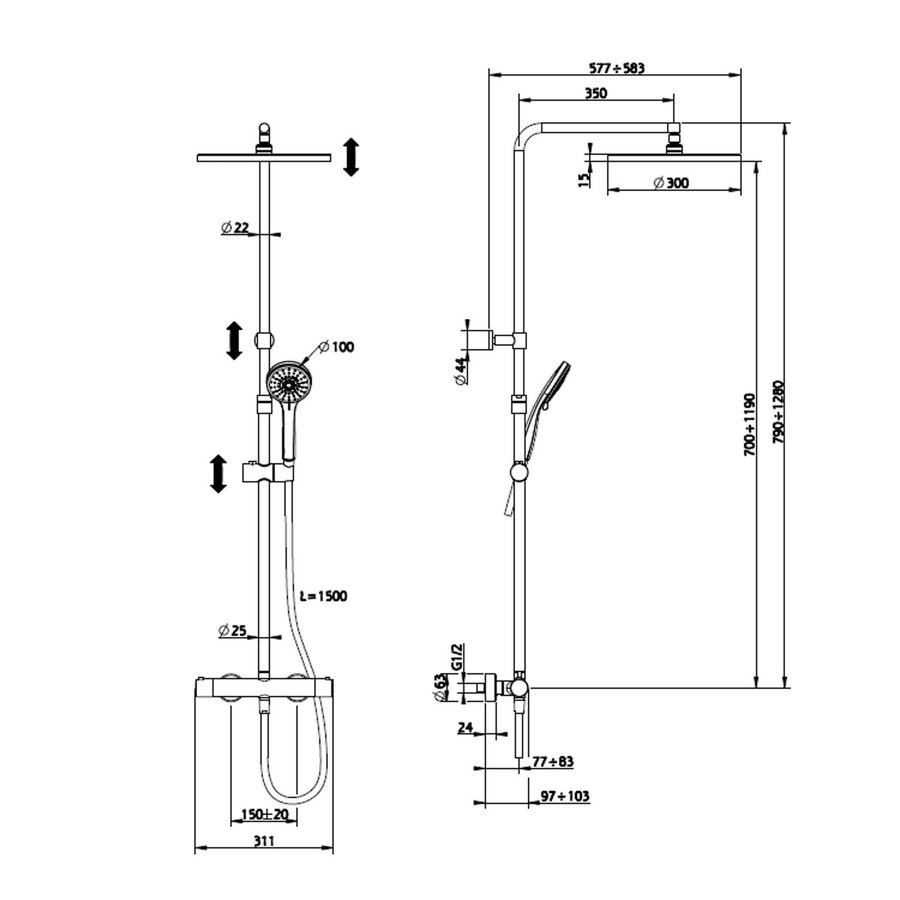 Opbouw Regendouche Salenzi Giro Thermostatisch 30cm en 3 standen Handdouche Gepoedercoat Mat Zwart