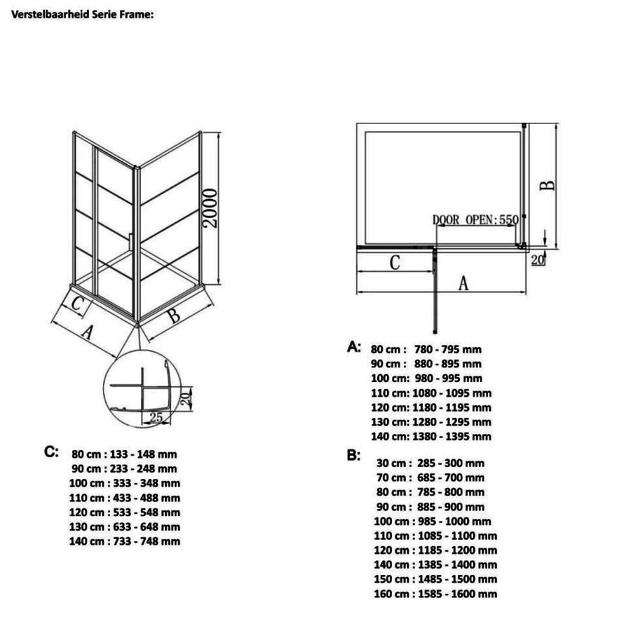 AQS Inloopdouche Frame 100x200 cm 8mm NANO Glas Mat Groen Raster