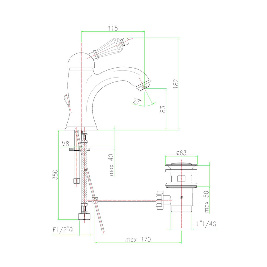 Wastafelmengkraan Sapho Kirk� Retro Kristal 1-hendel Gebogen 18.2 cm Goud (incl. clickwaste)