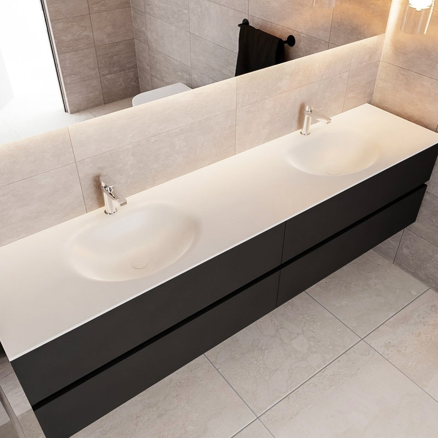 Badkamermeubel Solid Surface AQS Stockholm 200x45 cm Mat Zwart Urban (zes varianten)