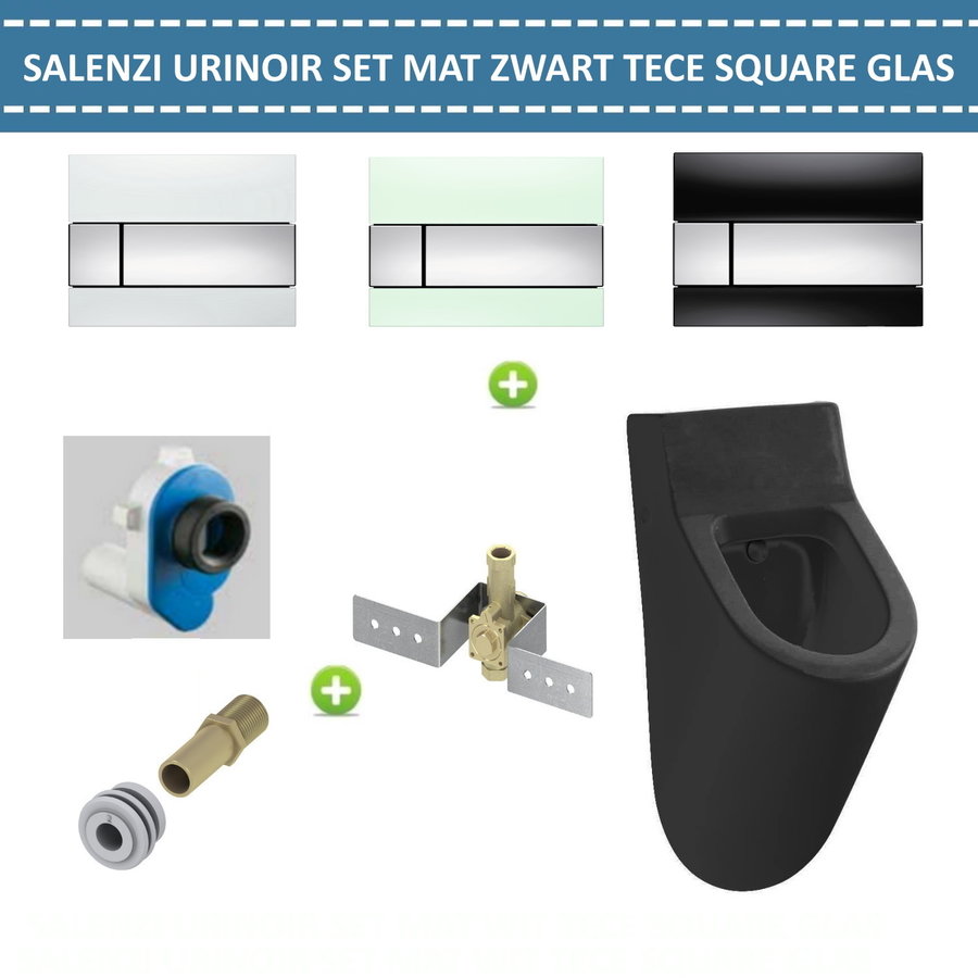 Urinoir Set Salenzi Hung Achterinlaat Mat Zwart met TECE Square Drukplaat Glas