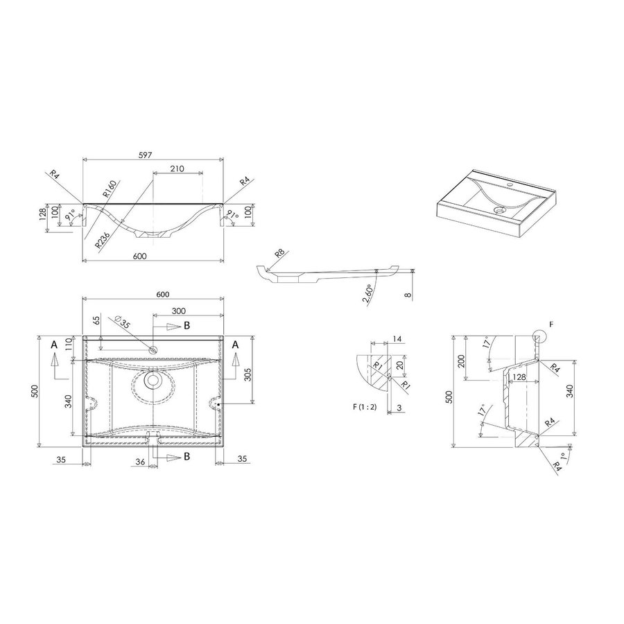 Wastafel Sapho Flavia Rechthoekig 60x50 cm Marmer Wit