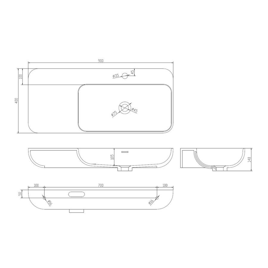 Wastafel Sapho Niagara Rechthoek Rechts 90x40x14 cm Solid Surface Mat Wit