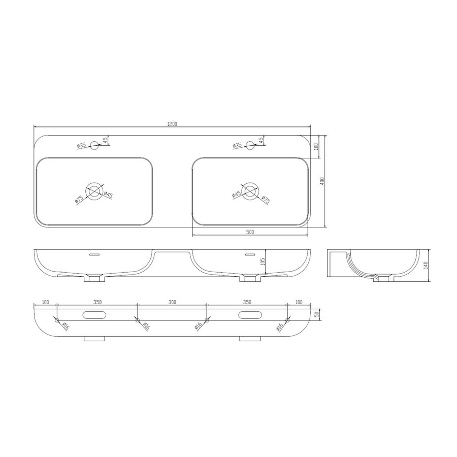 Wastafel Sapho Niagara Rechthoek Dubbel 120x40x14 cm Solid Surface Mat Wit