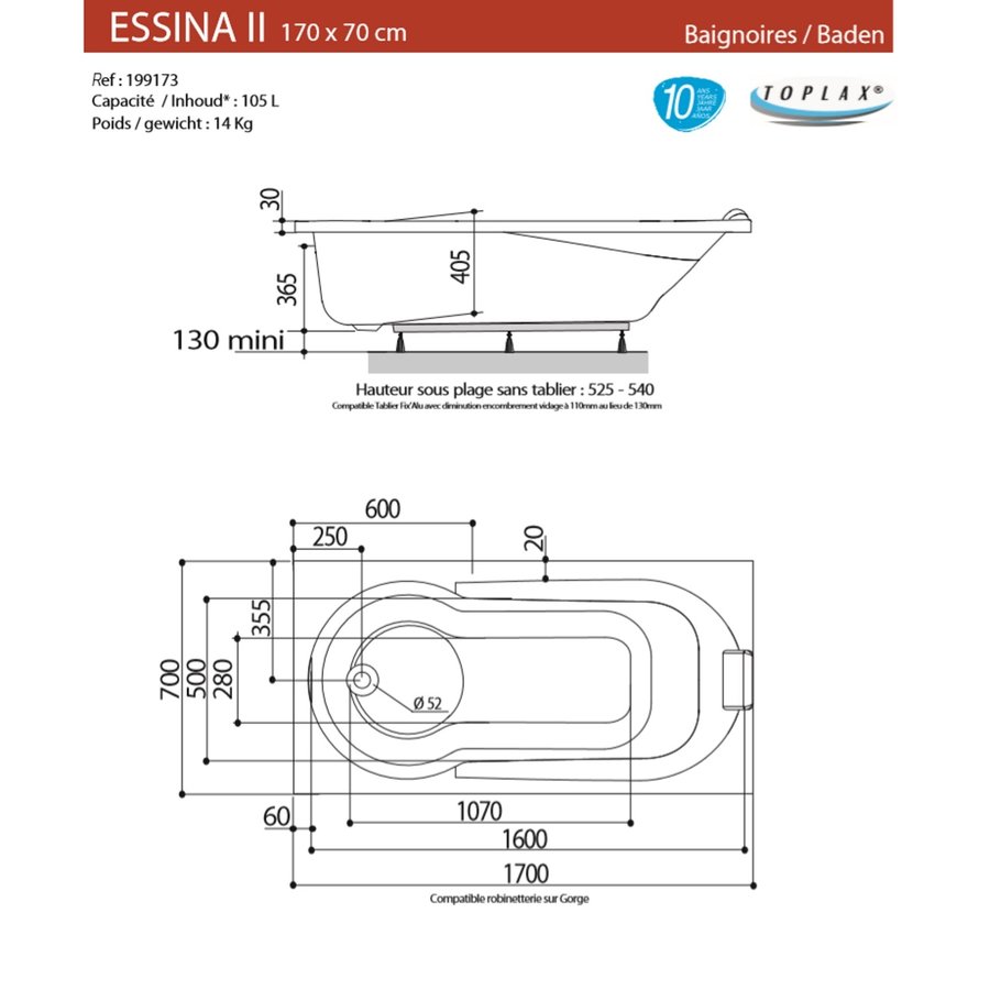 Ligbad Allibert Essina² 170x70x53,5-55