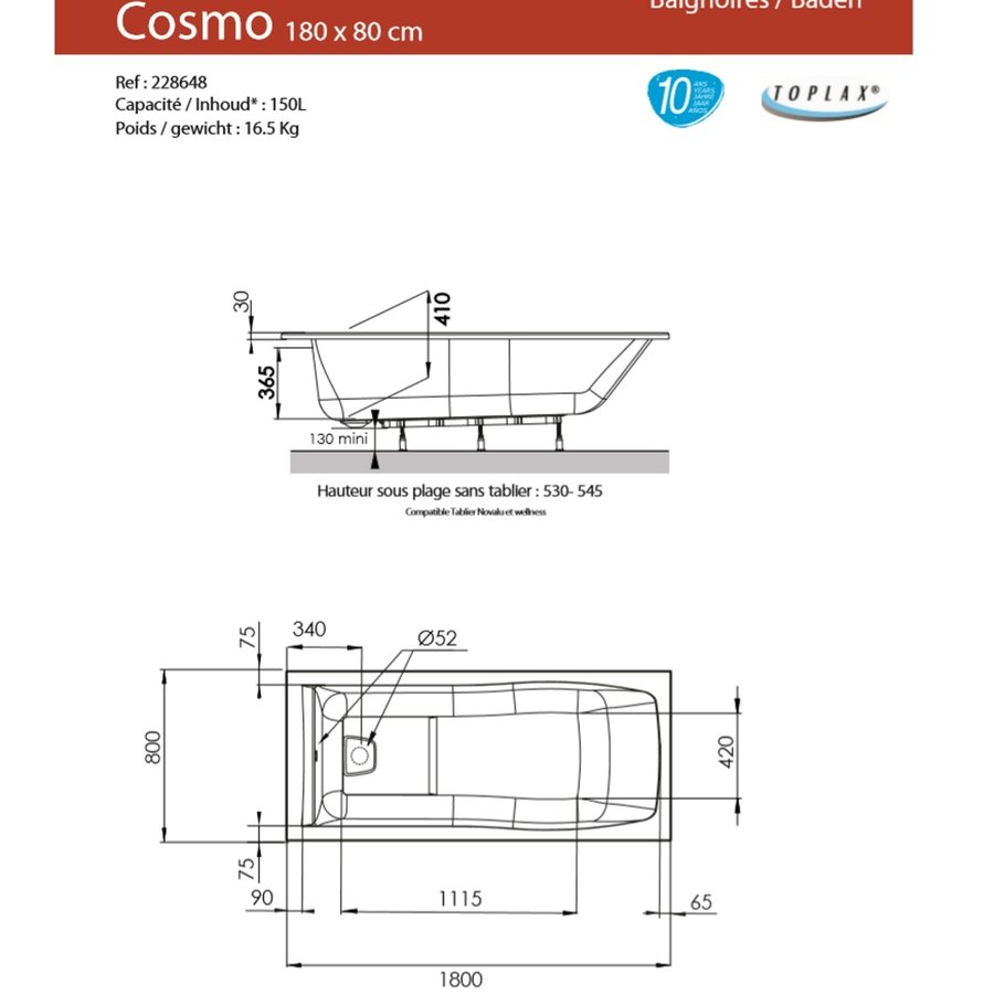 Ligbad Allibert Cosmo 180x80x53-54,5 cm